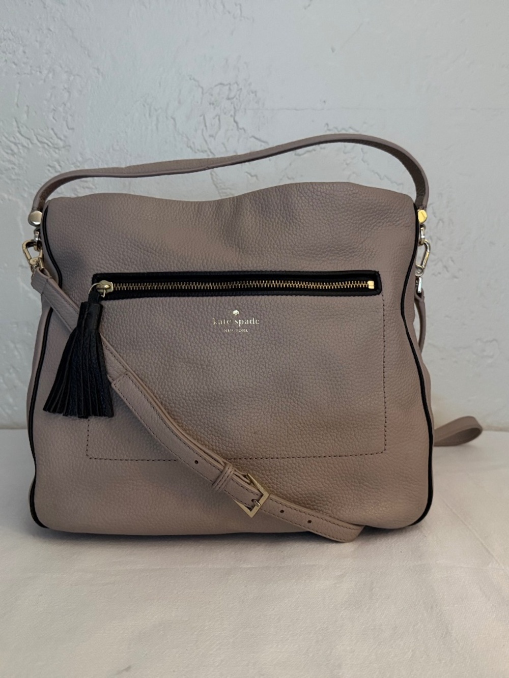 Kate Spade WKRU4073 Taupe Pebbled Leather Shoulder Crossbody Bag Tassel
